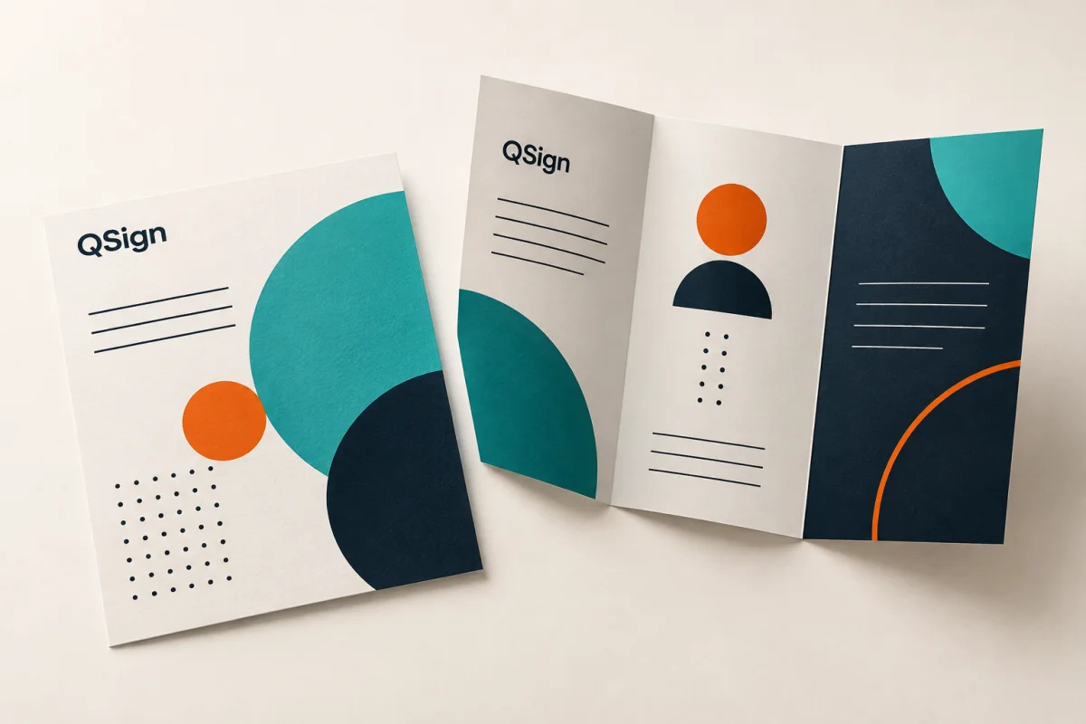 Modelo ilustrativo de panfleto e folder com duas dobras na identidade QSign