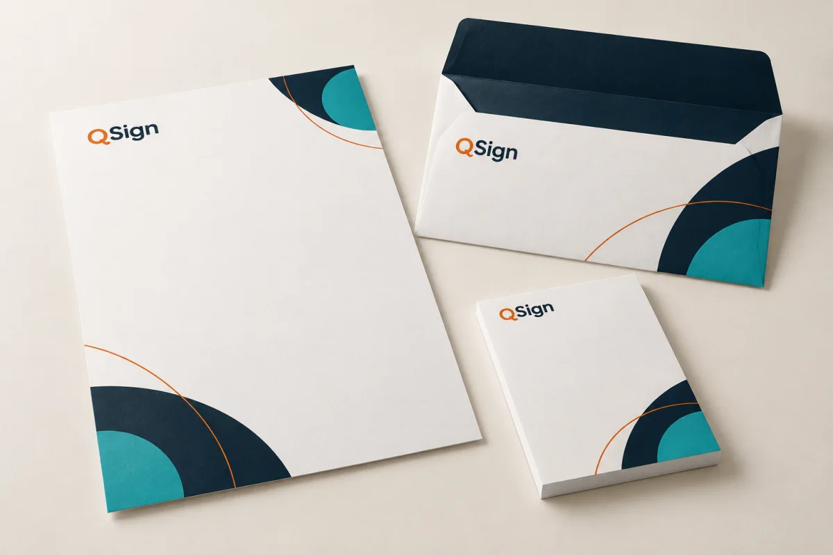 Modelo ilustrativo de papel timbrado, envelope e bloco QSign