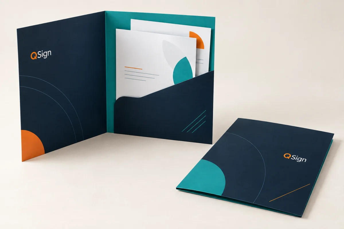 Modelo ilustrativo de pasta QSign com bolso interno para documentos