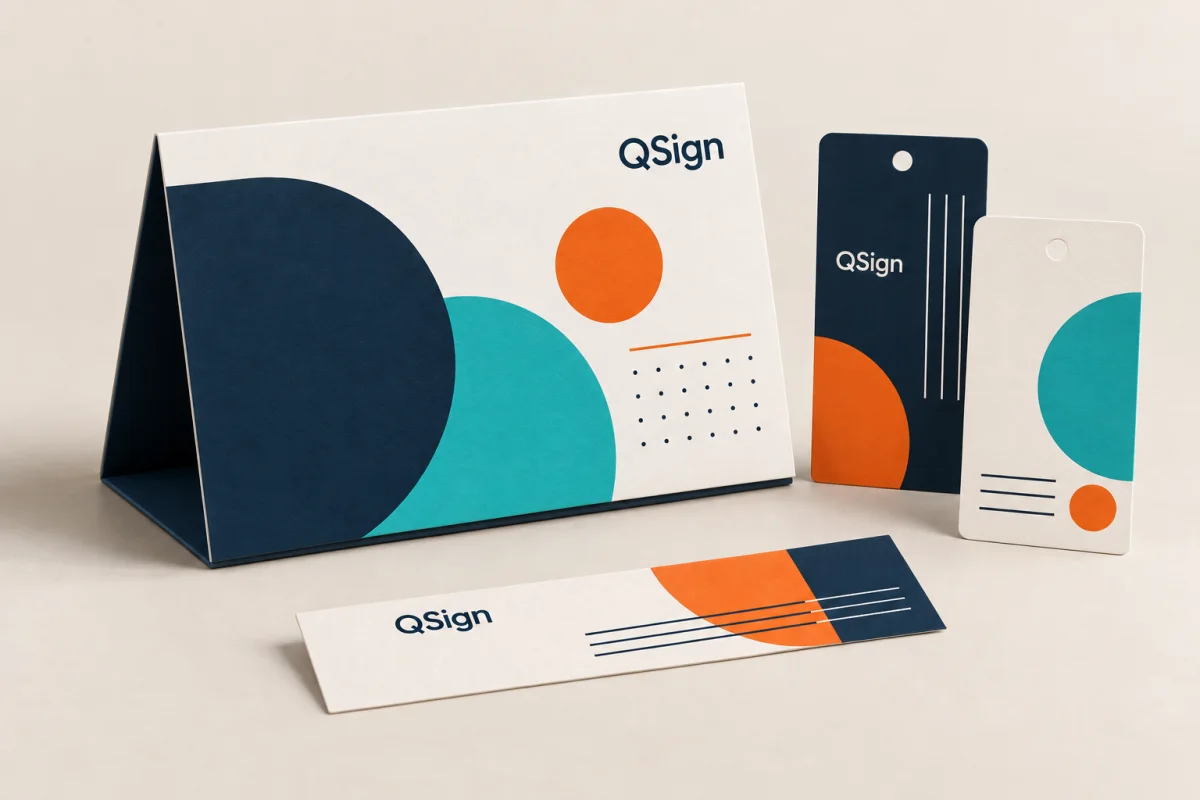 Modelos ilustrativos de calendário de mesa, tags e marcador de página QSign