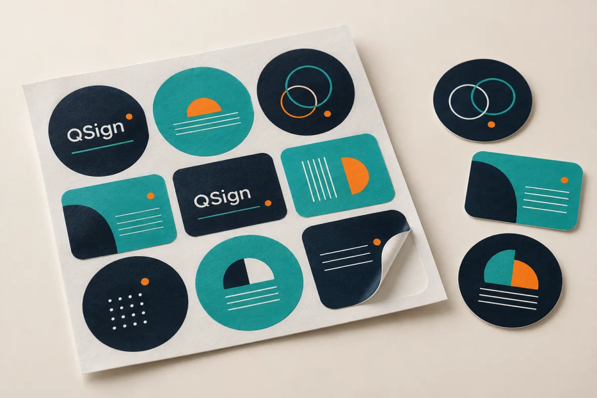 Modelo ilustrativo de rótulos em vinil adesivo QSign apresentados em folhas